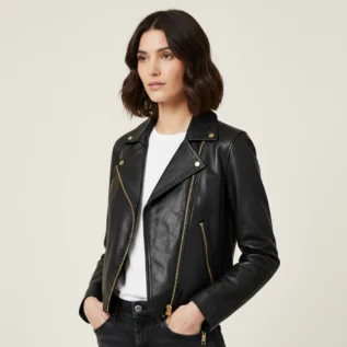 Dalby Slim Fit Leather Biker Jacket front