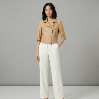 Women’s Beige Asymmetrical Genuine Leather Jacket