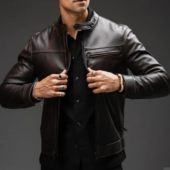 Men's-Roadster Jacket-In-Black-Coffee-Leather-Front-side-two