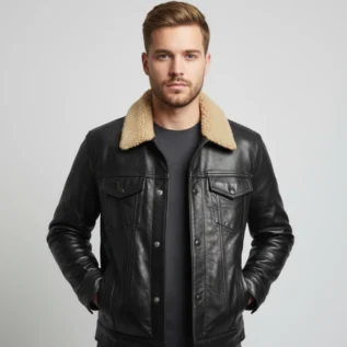 Schott-NYC-Men's-Buffalo-Leather-Trucker-Jacket-with-Sheepskin-Collar-front-side