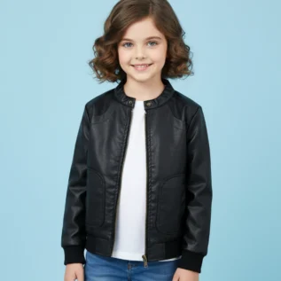 Black-Casual-Party-Winter-Leather-Jacket-For-Kids-front