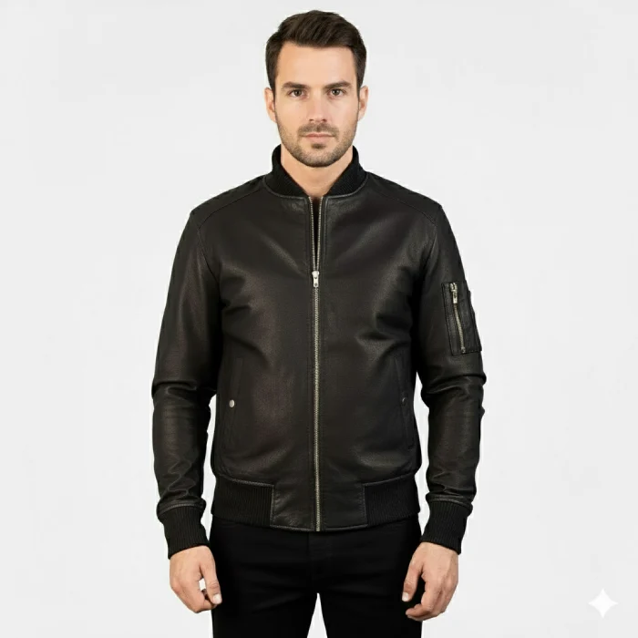 Bomia-Ma-1-Distressed-Black-Leather-Bomber-Jacket-front Bomia-Ma-1-Distressed-Black-Leather-Bomber-Jacket-front