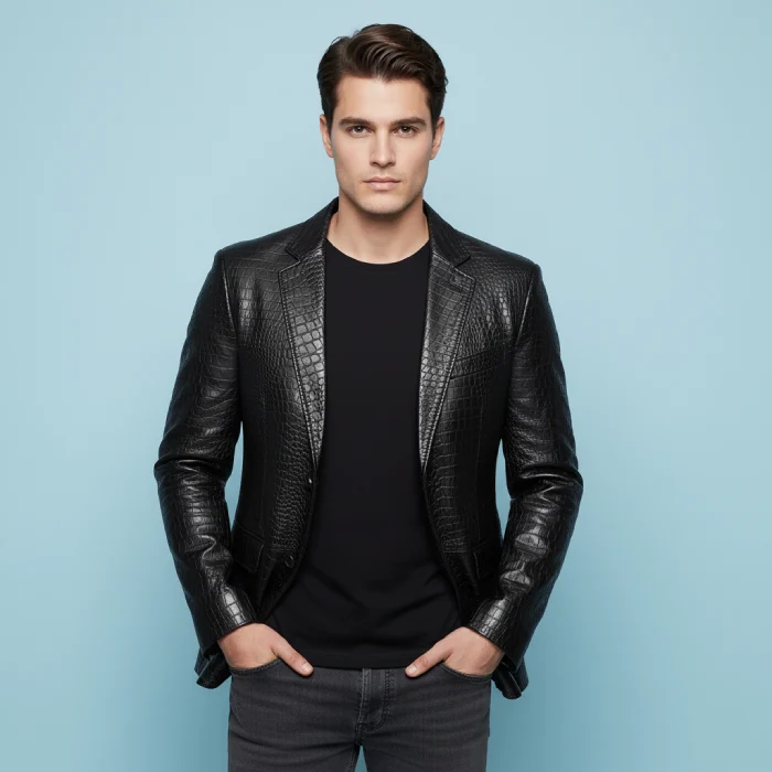 Croc-print-black-leather-blazer-front