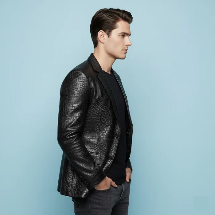 Croc-print-black-leather-blazer-side