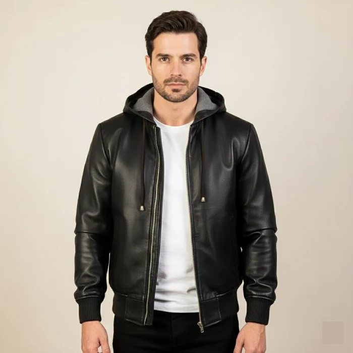 Nintenzo-Brown-Hooded-Leather-Bomber-Jacket-front