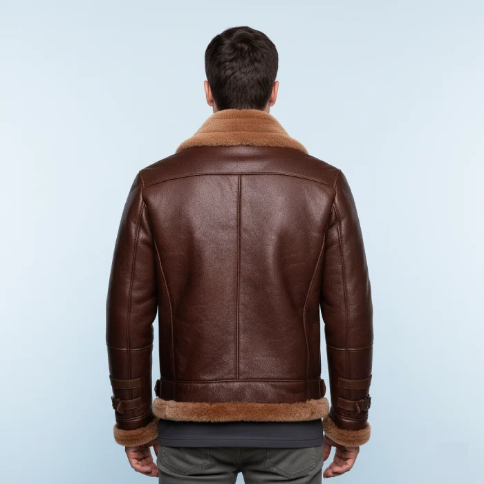 Phan's-Brown-Aviator-bomber-shearling-jacket-with-a-waist-belt-back
