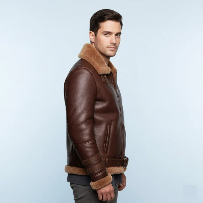 Phan's-Brown-Aviator-bomber-shearling-jacket-with-a-waist-belt-side