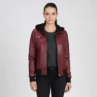 Women's Maroon Leather Jacket With Removable Hood front