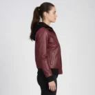 Women's Maroon Leather Jacket With Removable Hood front