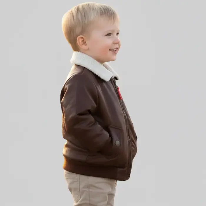 Baby Boys Brown Faux Leather Aviator Jacket side
