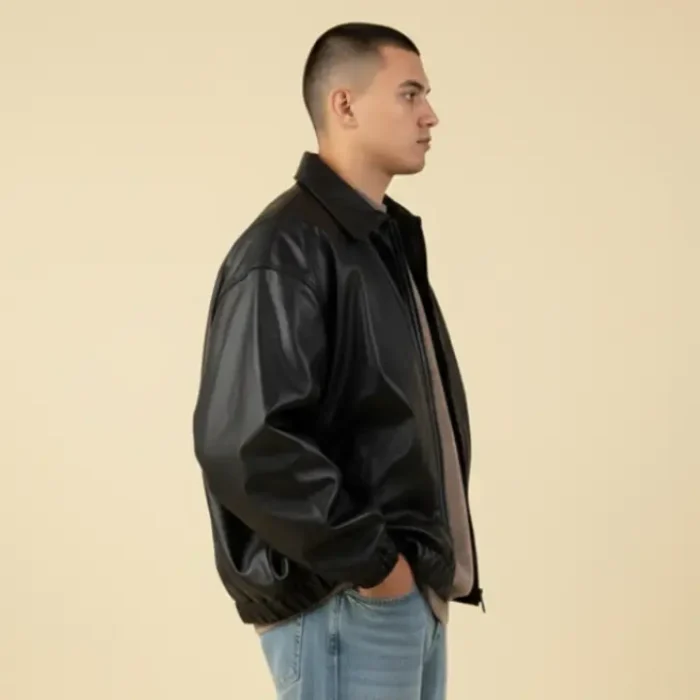 Men's Oversized Black Lambskin Leather Bomber Jacket Baggy Streetwear Style side