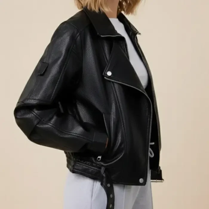 Black Oversized PU Leather Jacket side