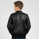Boys Black Real Leather Bomber Jacket Kids Childrens Varsity Style back