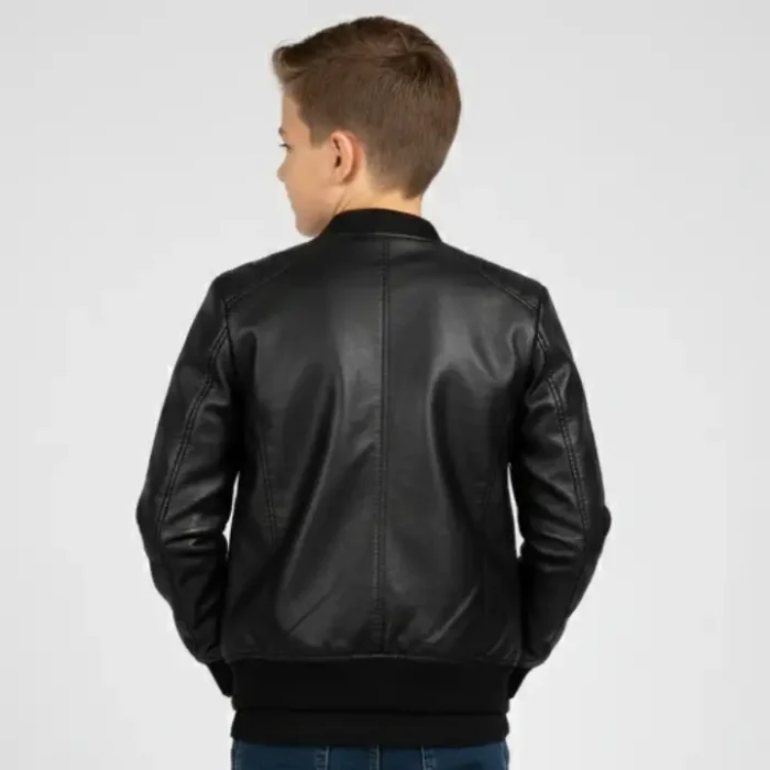 Boys Black Real Leather Bomber Jacket Kids Childrens Varsity Style back