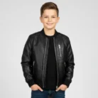 Boys Black Real Leather Bomber Jacket Kids Childrens Varsity Style front