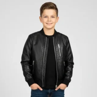 Boys Black Real Leather Bomber Jacket Kids Childrens Varsity Style front