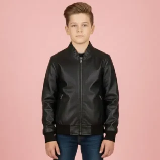 Boys GIrls Kids Unisex Real leather Bomber Style Jacket Varsity Zip Black front