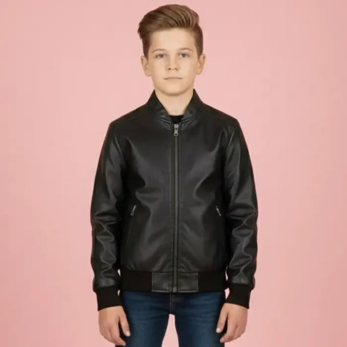 Boys GIrls Kids Unisex Real leather Bomber Style Jacket Varsity Zip Black front Boys GIrls Kids Unisex Real leather Bomber Style Jacket Varsity Zip Black front