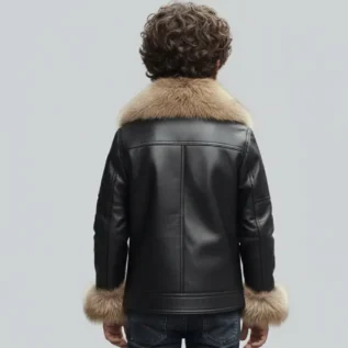 Boys Genuine Leather Aviator Jacket with Real Fox Fur Collar - Luxury Kids Winter Coat back