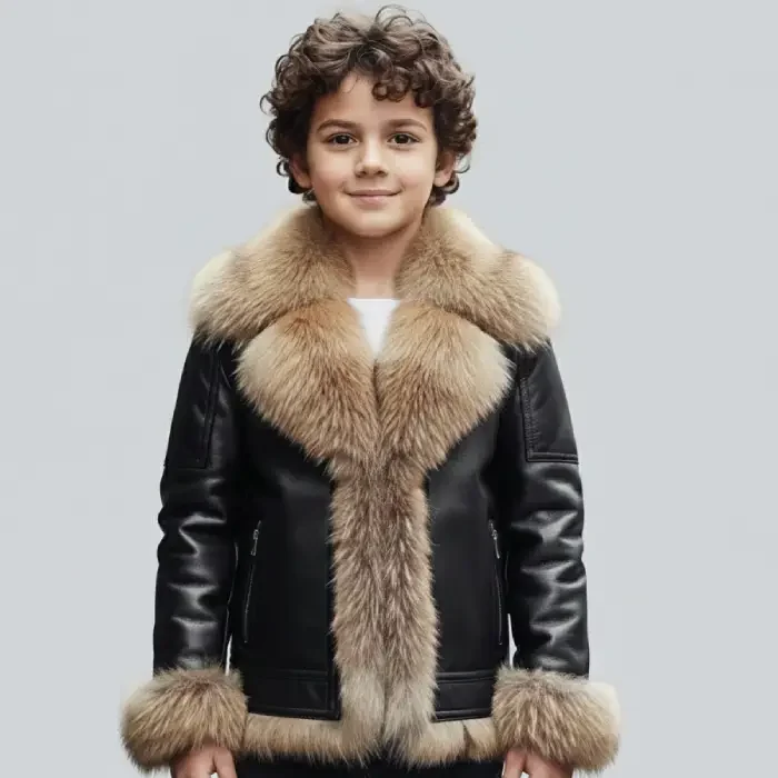 Boys Genuine Leather Aviator Jacket with Real Fox Fur Collar - Luxury Kids Winter Coat front