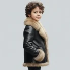 Boys Genuine Leather Aviator Jacket with Real Fox Fur Collar - Luxury Kids Winter Coat side