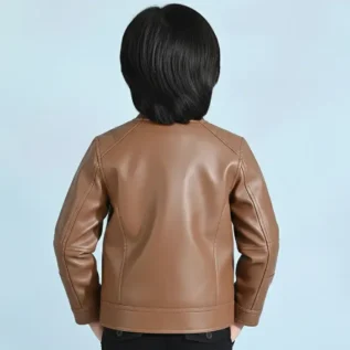 Boys Genuine PU Leather Jacket Biker-BROWN back