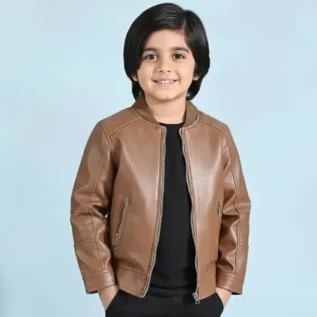 Boys Genuine PU Leather Jacket Biker-BROWN front