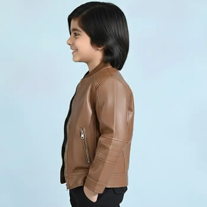 Boys Genuine PU Leather Jacket Biker-BROWN side