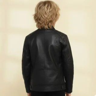 Boys Genuine Sheep Leather Jacket Biker Sleeves-BLACK back
