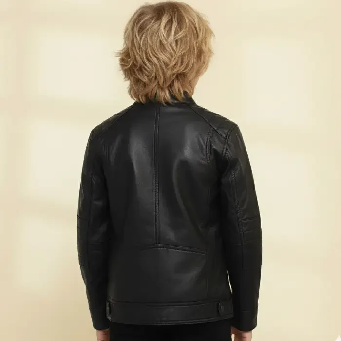 Boys Genuine Sheep Leather Jacket Biker Sleeves-BLACK back