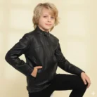 Boys Genuine Sheep Leather Jacket Biker Sleeves-BLACK front