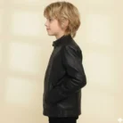 Boys Genuine Sheep Leather Jacket Biker Sleeves-BLACK side