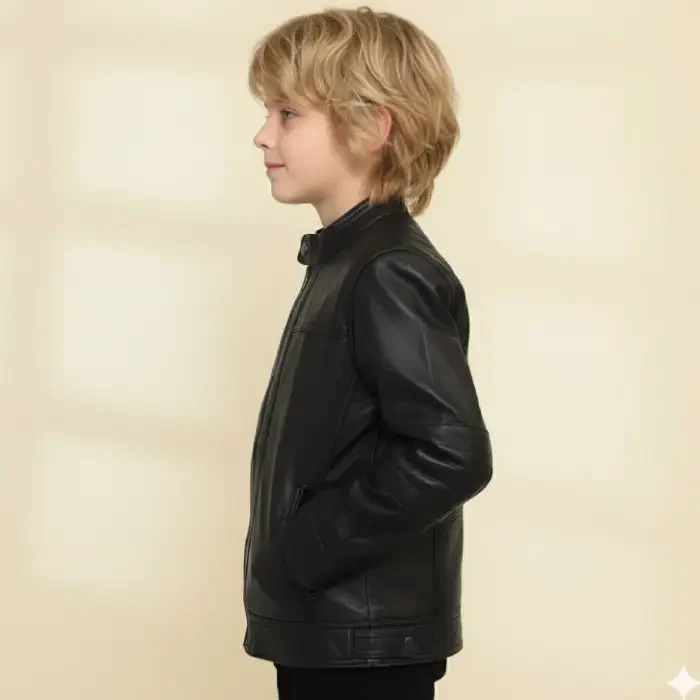 Boys Genuine Sheep Leather Jacket Biker Sleeves-BLACK side