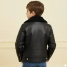 Boys Kids Real leather Biker Style Jacket Brando Cross Zip Black Fur Collar back