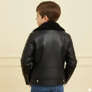 Boys Kids Real leather Biker Style Jacket Brando Cross Zip Black Fur Collar back