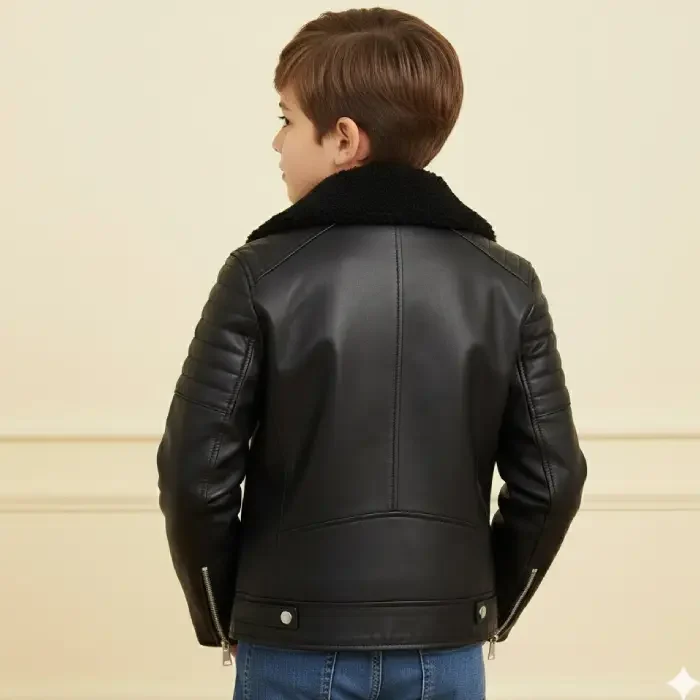 Boys Kids Real leather Biker Style Jacket Brando Cross Zip Black Fur Collar back Boys Kids Real leather Biker Style Jacket Brando Cross Zip Black Fur Collar back