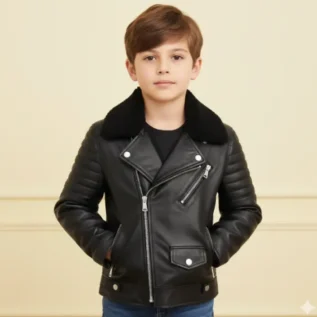 Boys Kids Real leather Biker Style Jacket Brando Cross Zip Black Fur Collar front