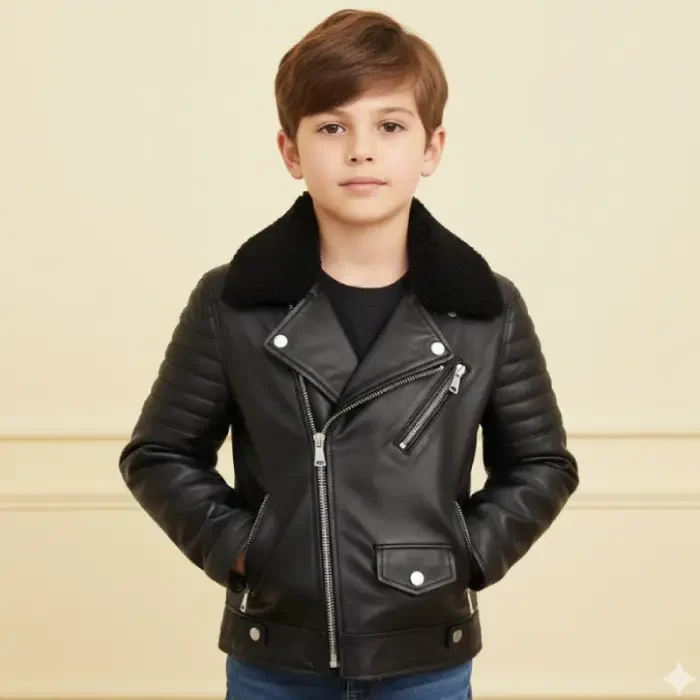 Boys Kids Real leather Biker Style Jacket Brando Cross Zip Black Fur Collar front Boys Kids Real leather Biker Style Jacket Brando Cross Zip Black Fur Collar front