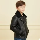 Boys Kids Real leather Biker Style Jacket Brando Cross Zip Black Fur Collar side