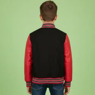 Boys Wool Leather Varsity Kids Bomber Jacket Black Red back
