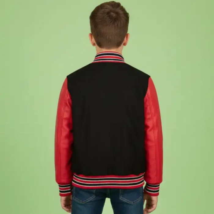 Boys Wool Leather Varsity Kids Bomber Jacket Black Red back