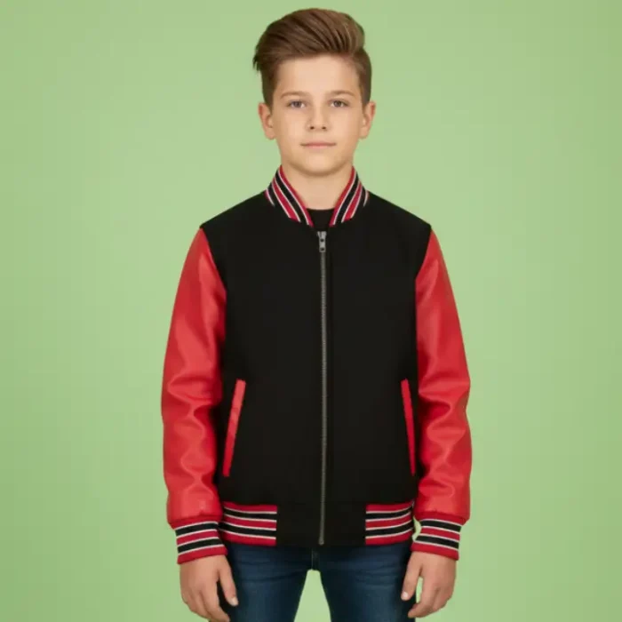 Boys Wool Leather Varsity Kids Bomber Jacket Black Red front