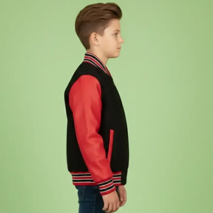 Boys Wool Leather Varsity Kids Bomber Jacket Black Red side