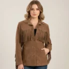 Brown Suede Western Jacket Women Vintage Cowgirl Fringe Leather Coat front