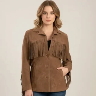 Brown Suede Western Jacket Women Vintage Cowgirl Fringe Leather Coat front