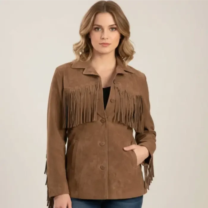 Brown Suede Western Jacket Women Vintage Cowgirl Fringe Leather Coat front Brown Suede Western Jacket Women Vintage Cowgirl Fringe Leather Coat front
