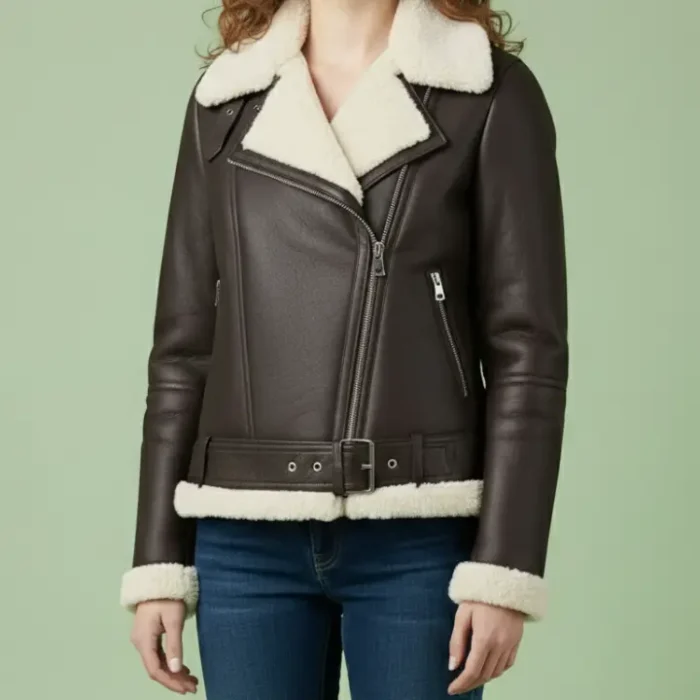 Celia Shearling Biker Leather Jacket front