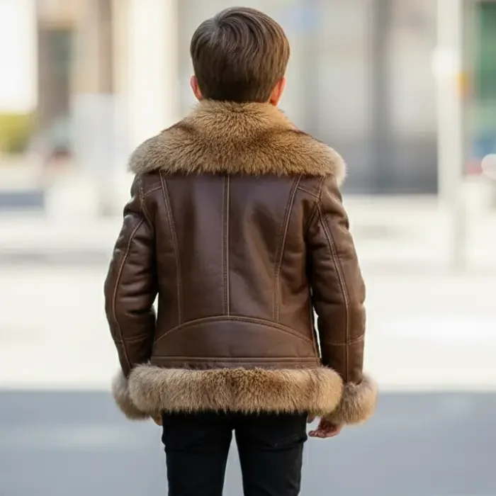 Children's Aviator Bomber-Style Leather Jacket with a Fur Collar, Kids Leather Jackets back