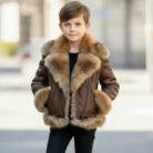 Children's Aviator Bomber-Style Leather Jacket with a Fur Collar, Kids Leather Jackets front