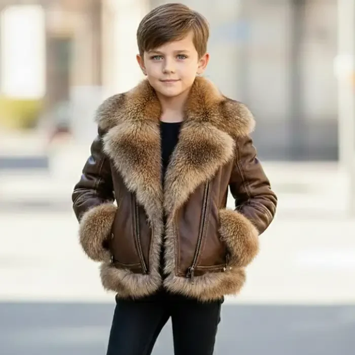 Children's Aviator Bomber-Style Leather Jacket with a Fur Collar, Kids Leather Jackets front